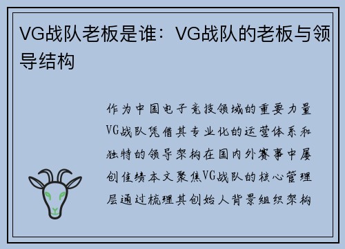 VG战队老板是谁：VG战队的老板与领导结构
