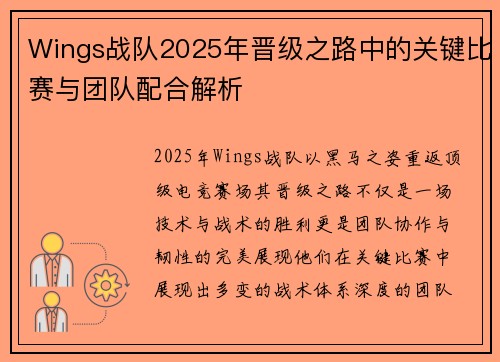 Wings战队2025年晋级之路中的关键比赛与团队配合解析