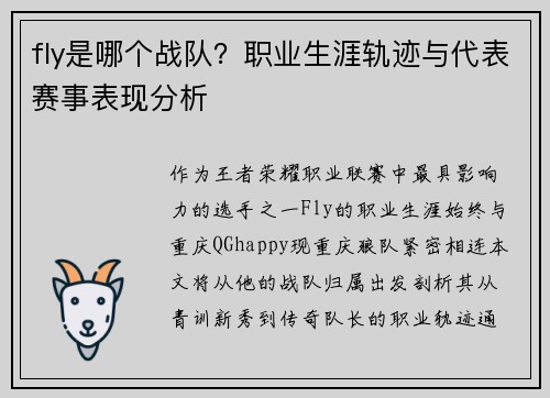 fly是哪个战队？职业生涯轨迹与代表赛事表现分析
